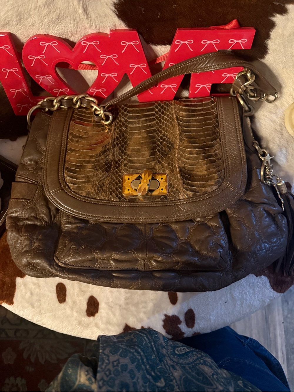 Brown Quilted Leather Shoulder Bag with Textured Flap